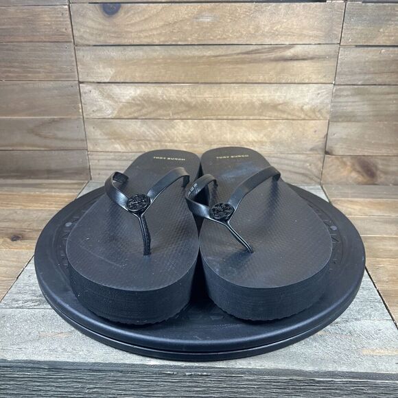 Tory Burch Womens Sz 10 Platform Flip Flop Perfect Black Leather Strap Sandals - Picture 2 of 10